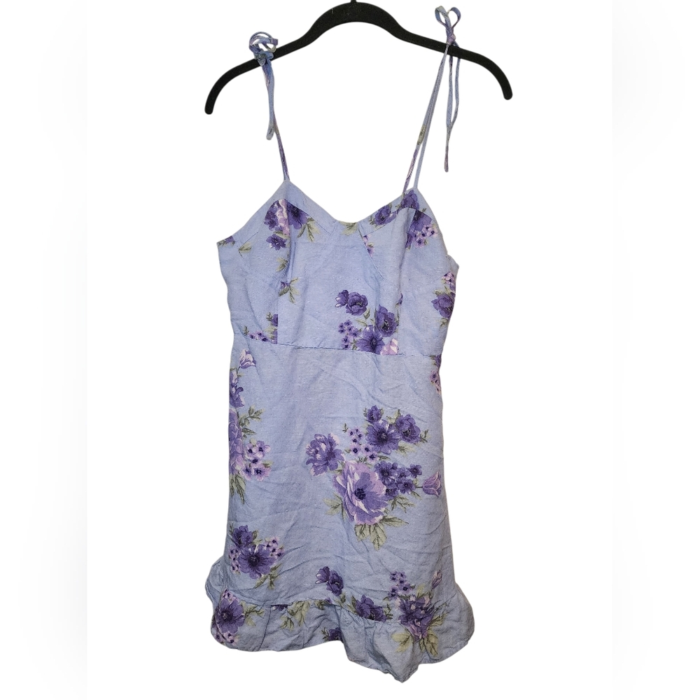 ​Forever 21 Purple Floral Linen Blend Mini Dress Tie Shoulder Ruffle - L - Picture 2 of 8